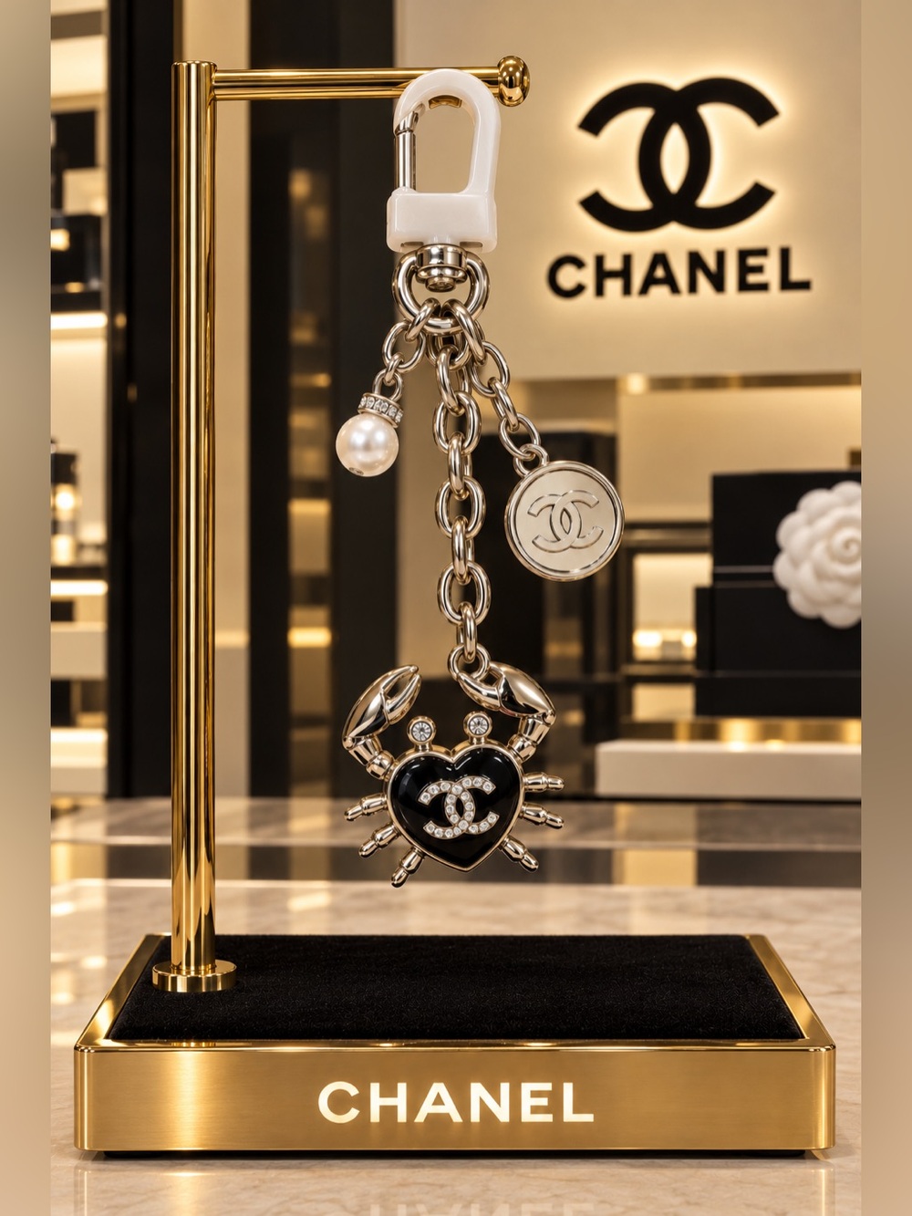 Silver & Black Charm Crab Keychain with Pearl Accent